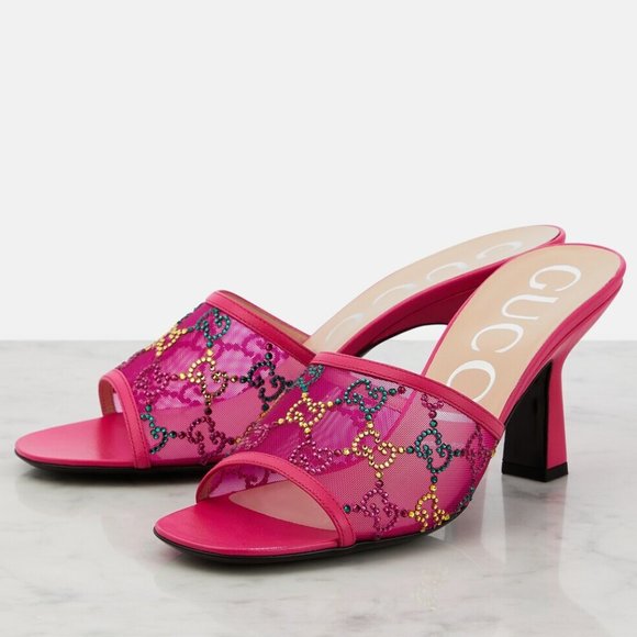 Gucci GG Monogram Demi Rhinestone Crystal Mesh Mules Heels Sandals Shoes - Picture 1 of 16